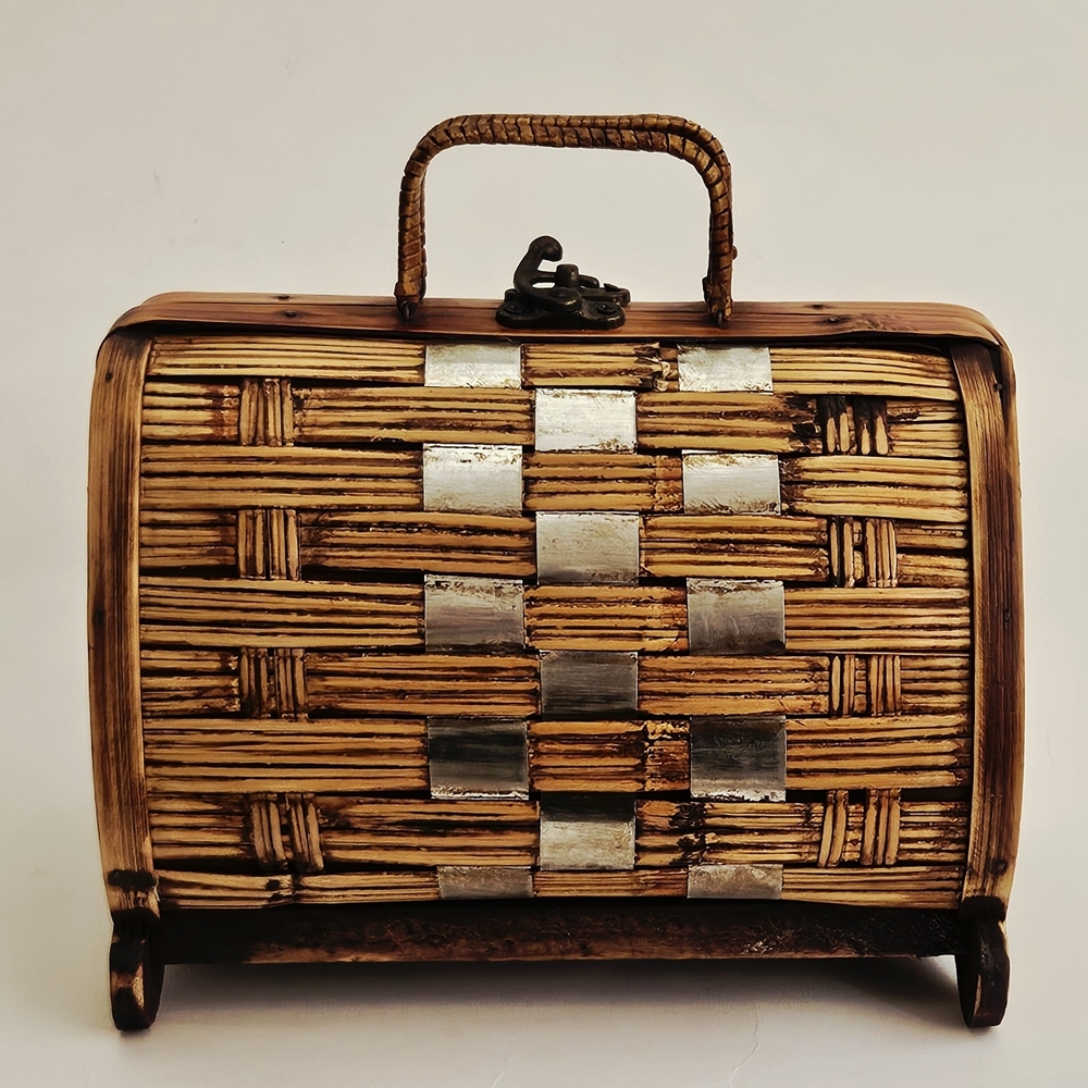 Lovely vintage handmade woven bamboo purse with brass swing lock closure